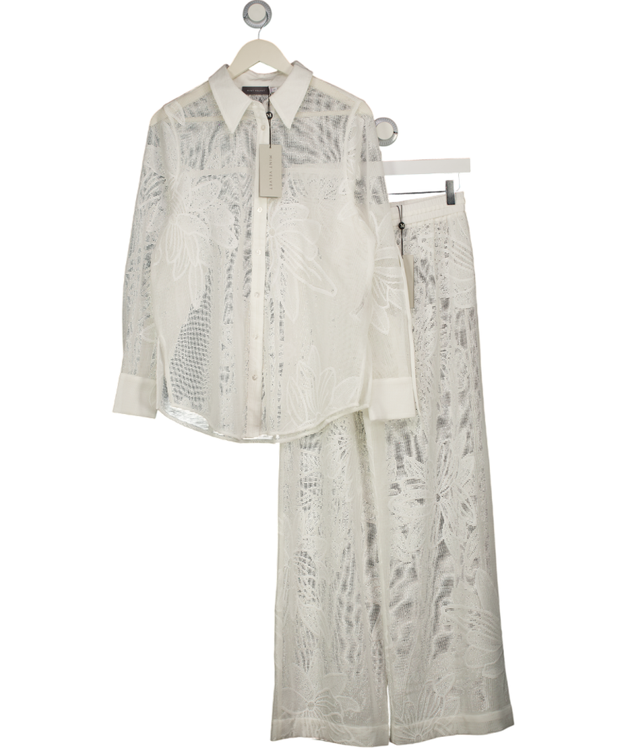 Mint Velvet White Floral Detail Mesh Shirt With Floral Detail Mesh Trousers UK M