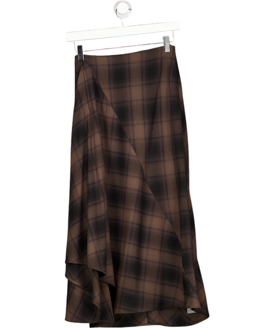 ZARA Brown / Black Check Asymmetric Hem Midi Skirt UK S