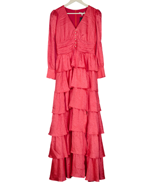OLIVIA RUBIN Pink Satin Jacquard Tiered Midi Dress UK 8