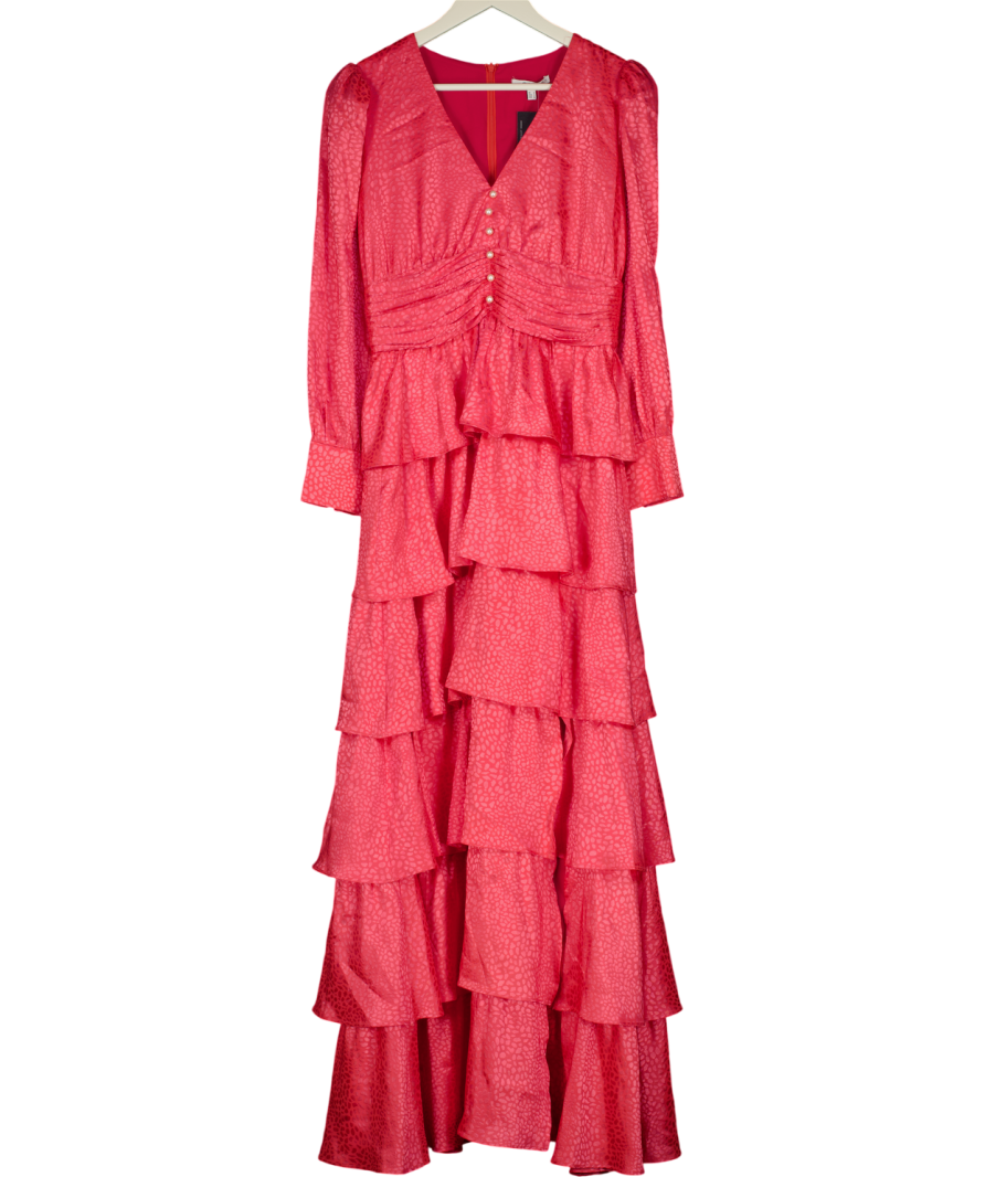 OLIVIA RUBIN Pink Satin Jacquard Tiered Midi Dress UK 8
