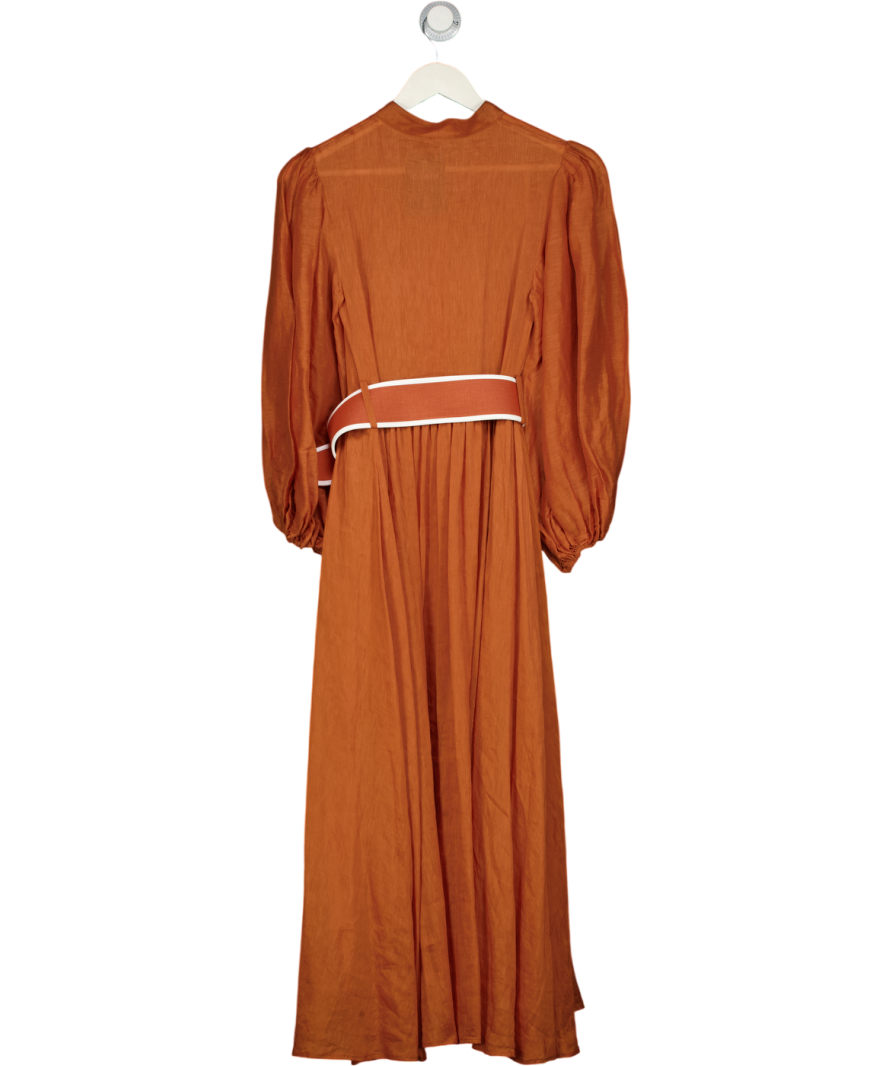 Leo Lin Rust Brown Silk & Linen Blend Belted Suffolk Midi Dress UK 6