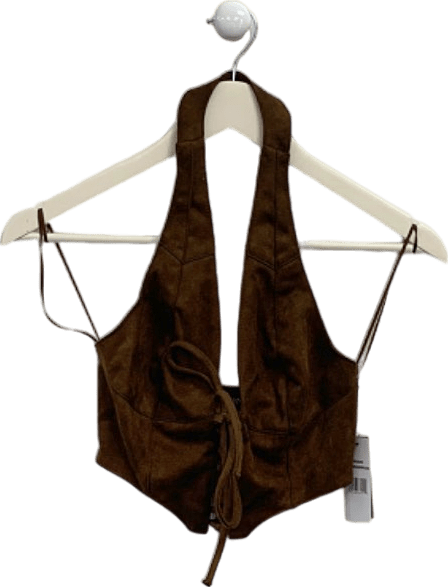 AFRM Mocha Brown Suede Lace - Up Halter Top UK XS - Reliked
