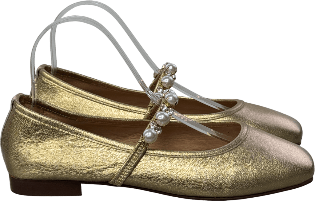 Air & Grace Metallic Gold /pearl Embellished Strap Luxury Leather Mary Jane Shoes 38 UK 5 EU 38 👠 - Reliked