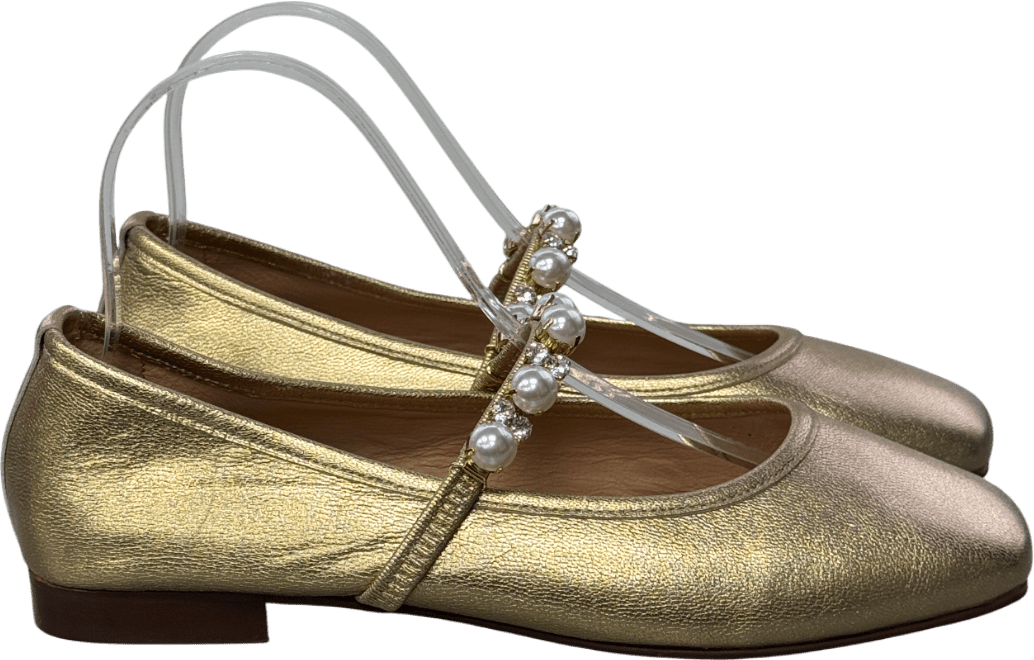 Air & Grace Metallic Gold /pearl Embellished Strap Luxury Leather Mary Jane Shoes 38 UK 5 EU 38 👠 - Reliked