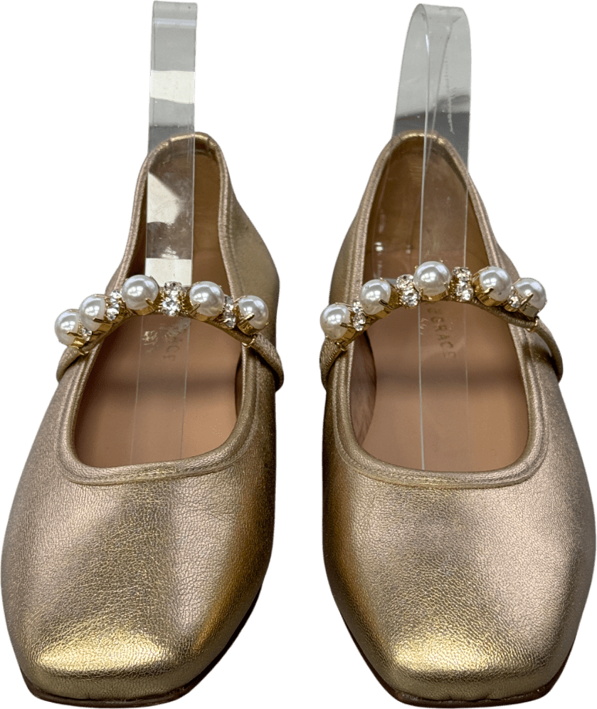 Air & Grace Metallic Gold /pearl Embellished Strap Luxury Leather Mary Jane Shoes 38 UK 5 EU 38 👠 - Reliked