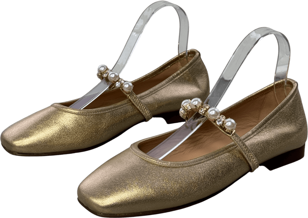 Air & Grace Metallic Gold /pearl Embellished Strap Luxury Leather Mary Jane Shoes 38 UK 5 EU 38 👠 - Reliked
