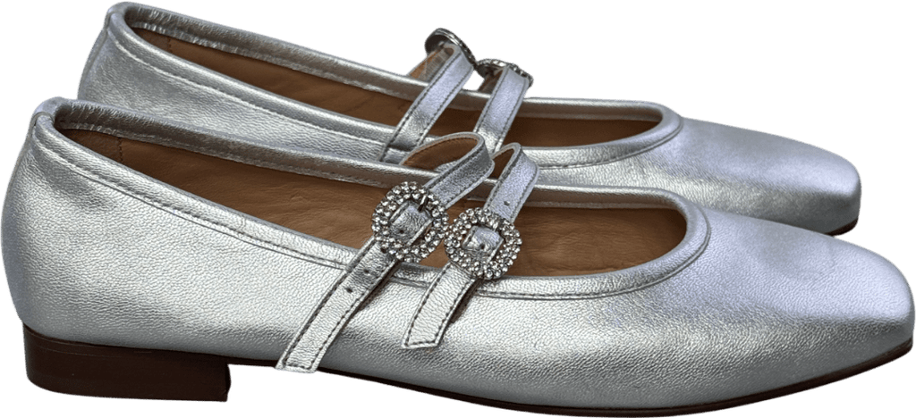 Air & Grace Metallic Silver Luxury Leather Embellished Buckle Mary Jane Flat Shoes UK 7 EU 40 👠 - Reliked
