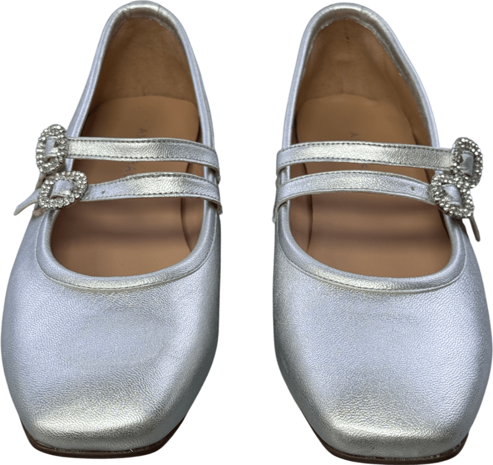 Air & Grace Metallic Silver Luxury Leather Embellished Buckle Mary Jane Flat Shoes UK 7 EU 40 👠 - Reliked