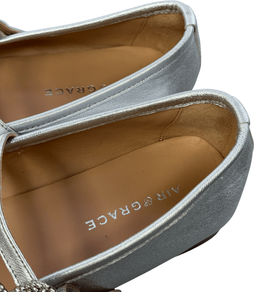 Air & Grace Silver Luxury Leather Embellished Buckle Mary Jane Flat Shoes UK 5 EU 38 👠 - Reliked