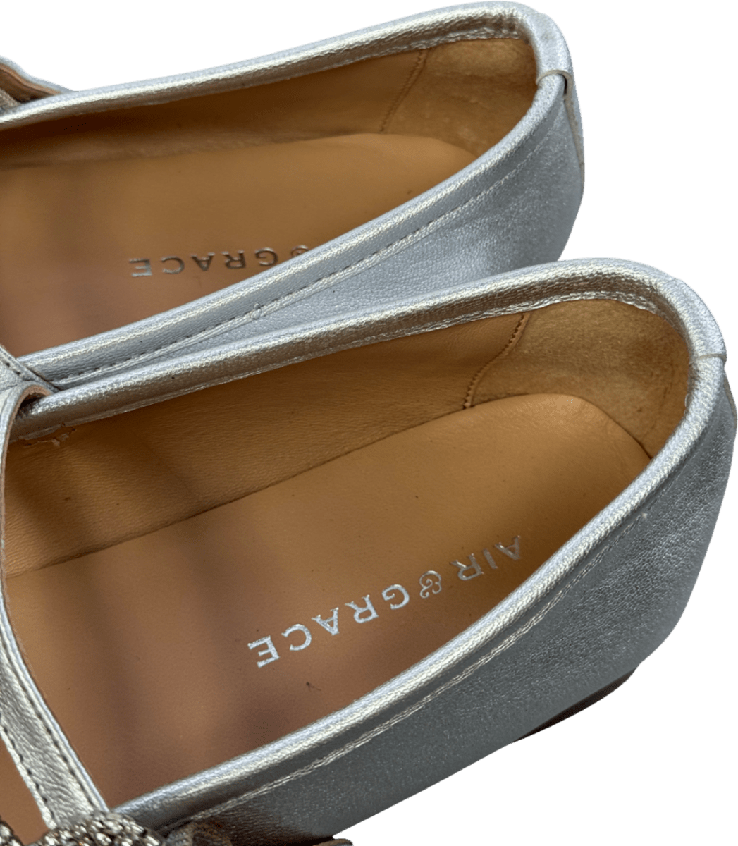 Air & Grace Silver Luxury Leather Embellished Buckle Mary Jane Flat Shoes UK 5 EU 38 👠 - Reliked