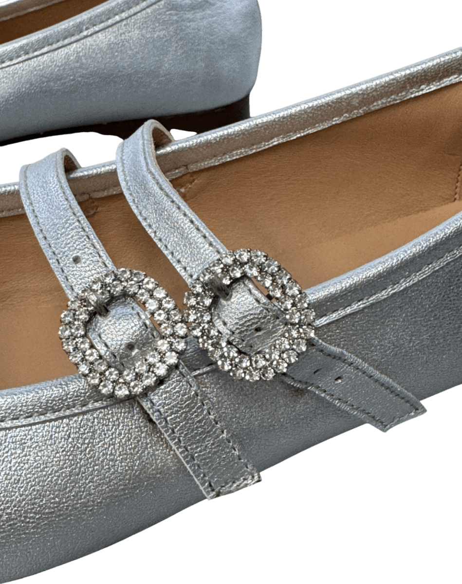 Air & Grace Silver Luxury Leather Embellished Buckle Mary Jane Flat Shoes UK 5 EU 38 👠 - Reliked
