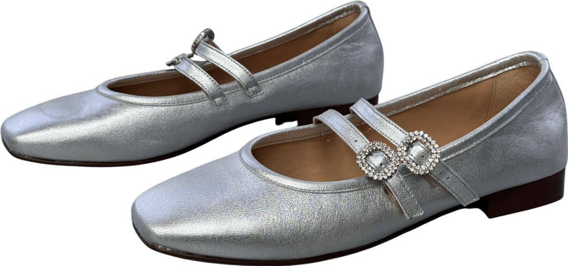 Air & Grace Silver Luxury Leather Embellished Buckle Mary Jane Flat Shoes UK 5 EU 38 👠 - Reliked