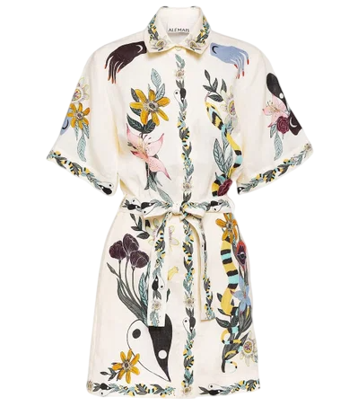ALÉMAIS Cream Botanical Print Belted  100% Linen Mini Shirt Dress UK 6