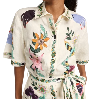 ALÉMAIS Cream Botanical Print Belted  100% Linen Mini Shirt Dress UK 6