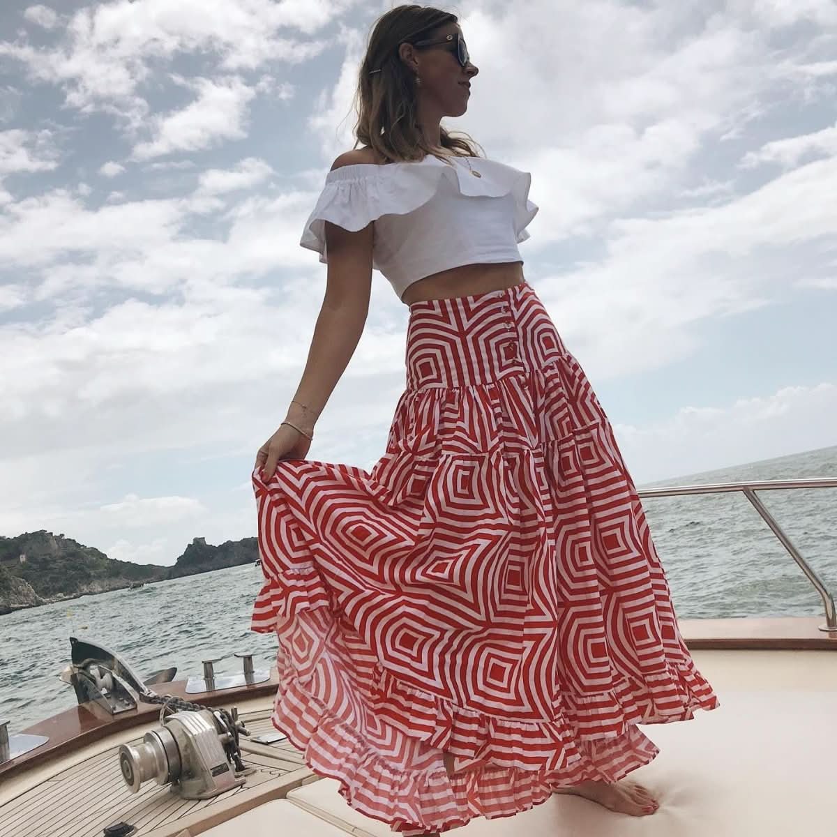 Alexandra Miro Red Geometric Print 100% Cotton Maxi Skirt UK M - Reliked