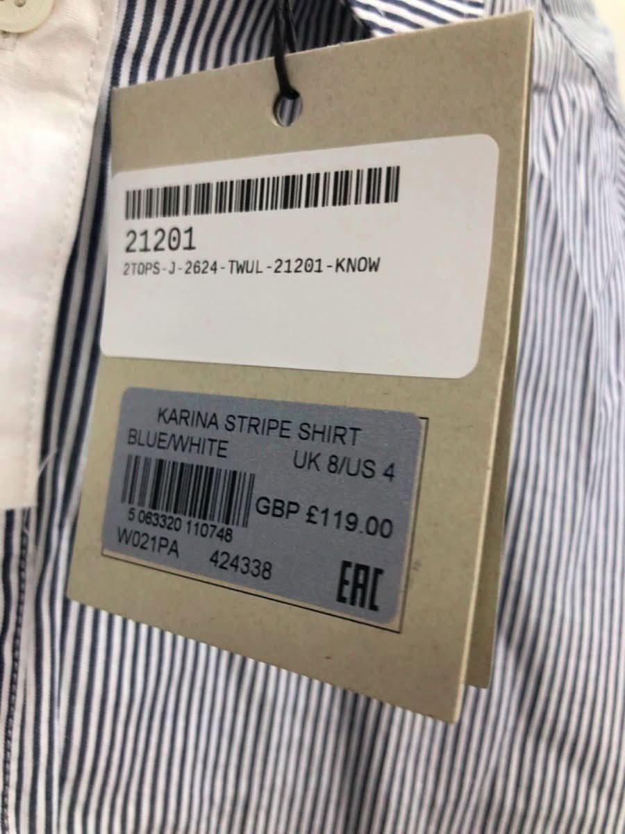 All Saints Blue/White Karina Stripe Shirt UK 8 - Reliked
