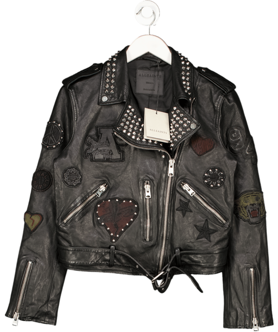 AllSaints Black Leather College Biker Jacket UK S - Reliked