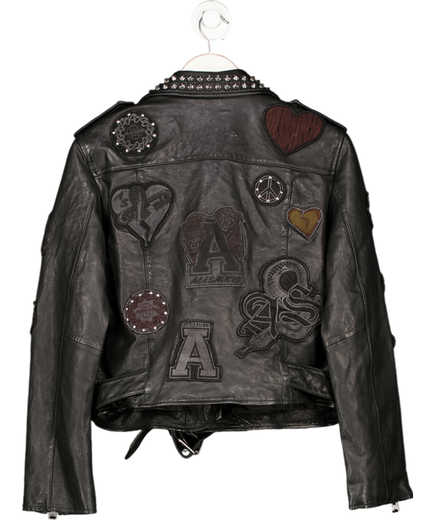 AllSaints Black Leather College Biker Jacket UK S - Reliked