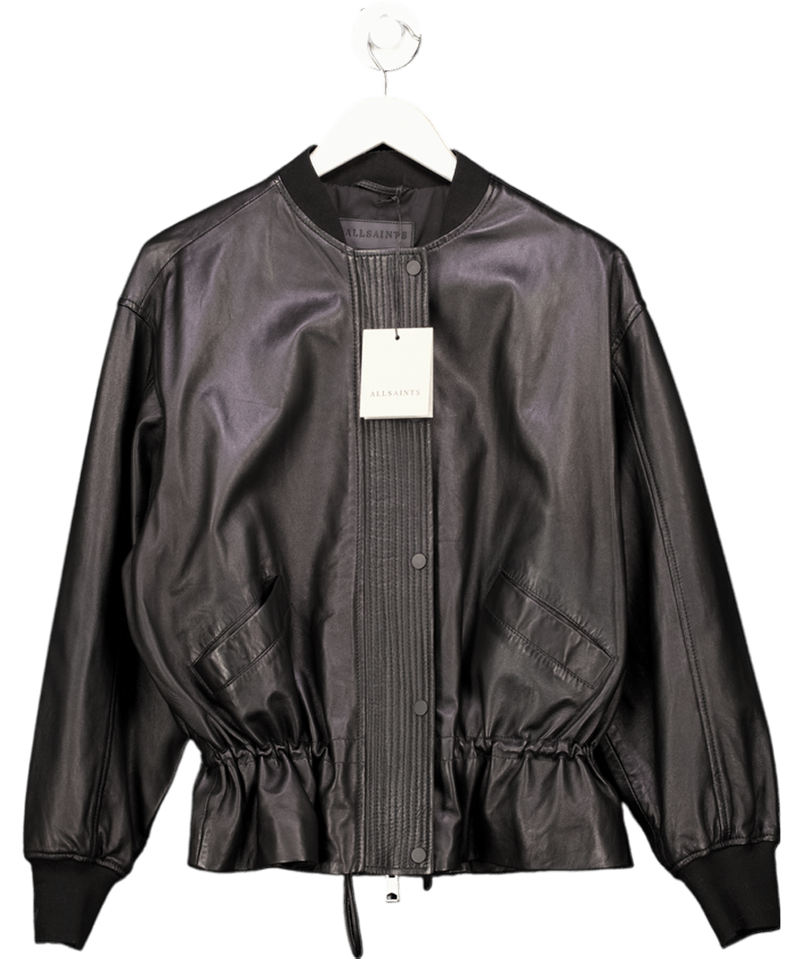 AllSaints Black Sofi Drawstring Butter Soft Leather Bomber Jacket UK 10 - Reliked