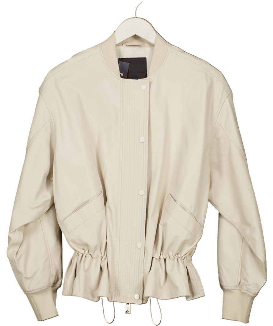 AllSaints Cream Sofi Drawstring Butter Soft Leather Bomber Jacket UK 10 - Reliked