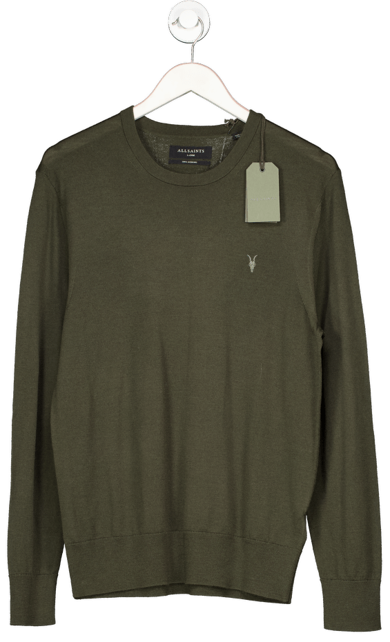 AllSaints Green Mode 100% Merino Wool Crew Neck Ramskull Slim Fit Jumper UK L - Reliked