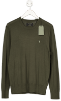 AllSaints Green Mode 100% Merino Wool Crew Neck Ramskull Slim Fit Jumper UK L - Reliked