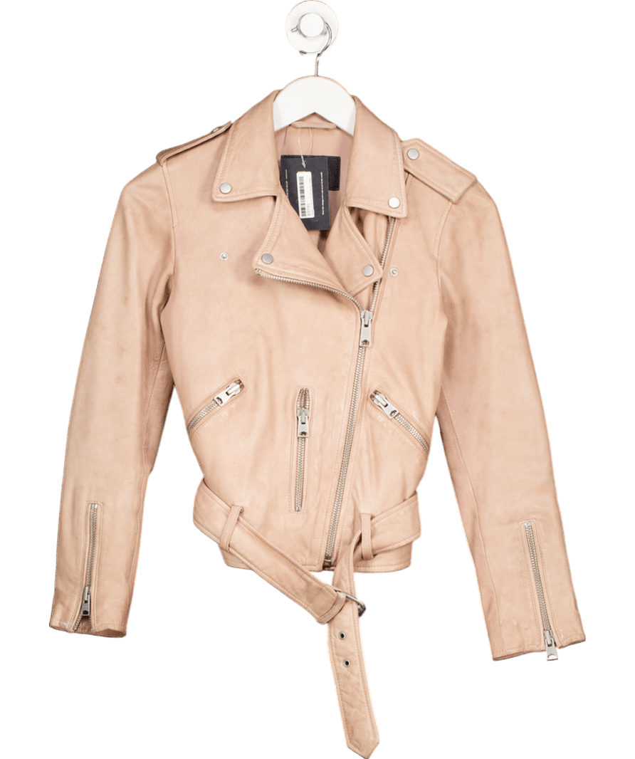 AllSaints Nude Wyatt Zip Biker Asymmetrical Leather Jacket UK XXXS - Reliked