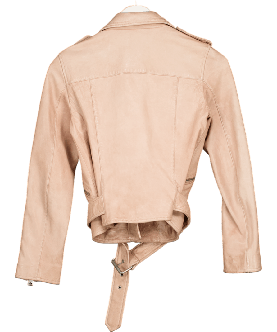 AllSaints Nude Wyatt Zip Biker Asymmetrical Leather Jacket UK XXXS - Reliked