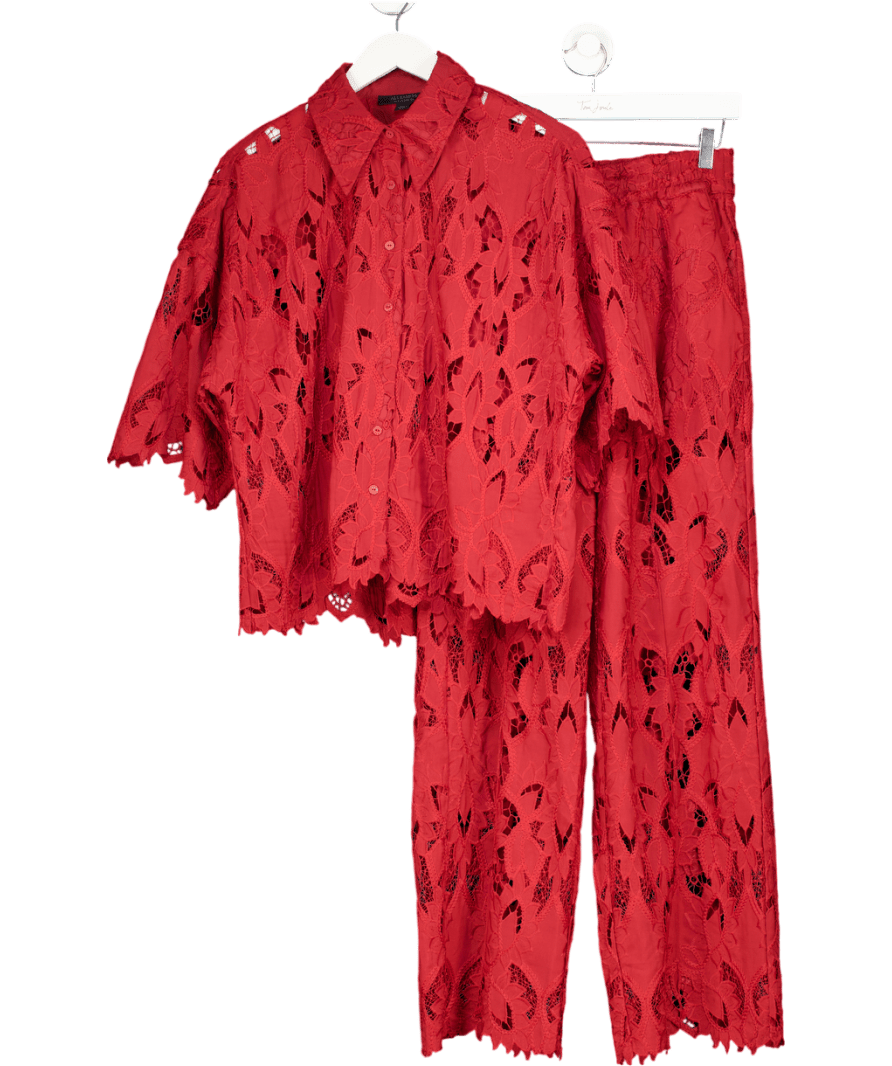 AllSaints Red 2 - Piece Charli Relaxed Fit Embroidered Shirt And Straight Leg Trouser Set UK 6 - Reliked