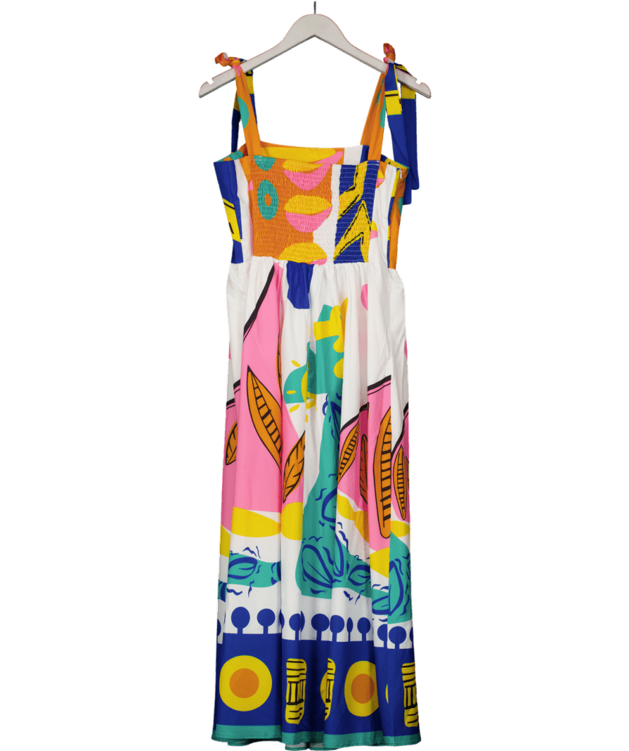 Amazon Multicoloured Satin Shirred Bodice Midi Dres UK L - Reliked