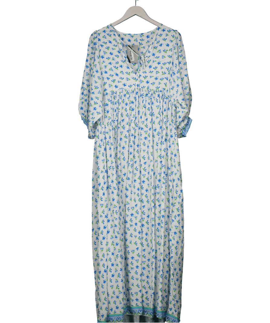 Amazon White / Blue Print Tiered Midi Dress UK M - Reliked