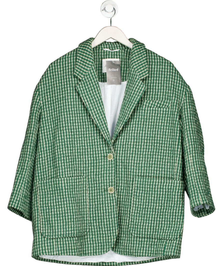American Vintage Green Wool Blend Nanbay Check Boyfriend Fit Blazer UK XS/S - Reliked