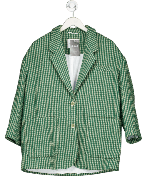 American Vintage Green Wool Blend Nanbay Check Boyfriend Fit Blazer UK XS/S - Reliked