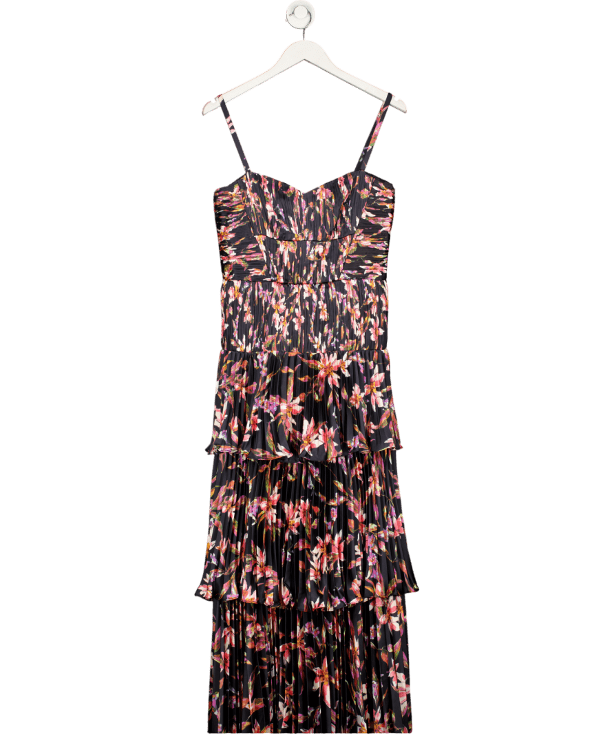 Amur Black Floral Plisse Tiered Midi Dress Us8 UK 12 - Reliked