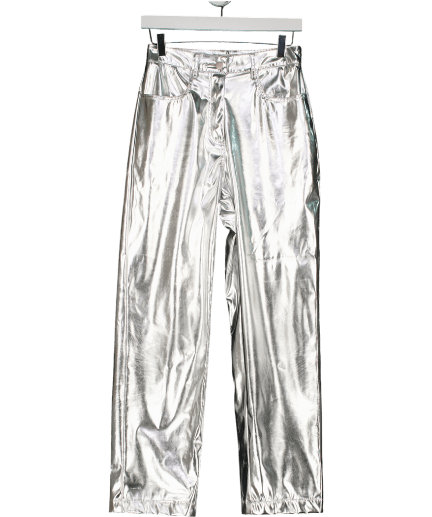 Amy Lynn London Metallic Silver High Waisted Straight Leg Jeans UK S - Reliked
