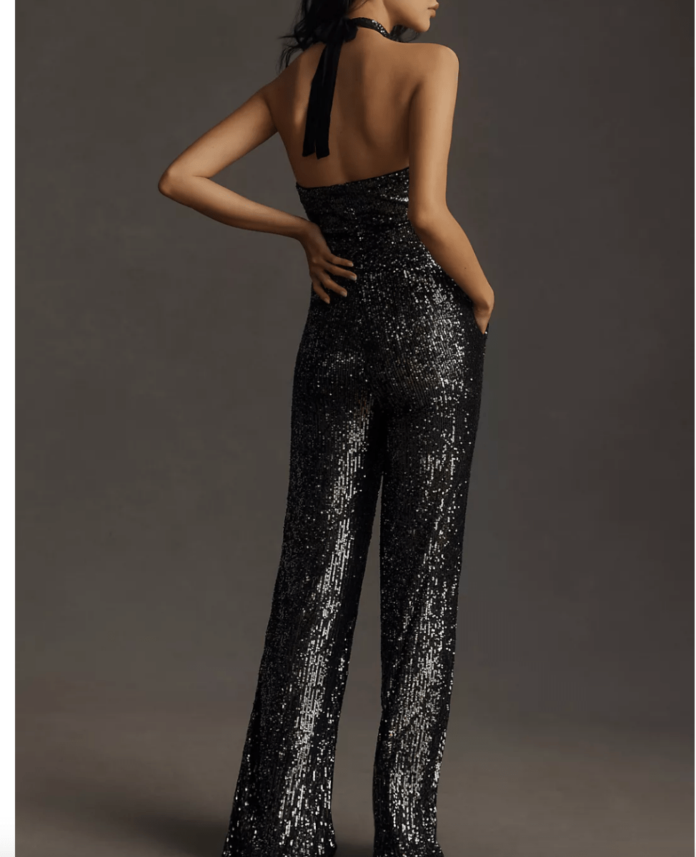 Anthropologie Maeve Sequin Cut - Out Halter Wide - Leg Jumpsuit UK 14 - Reliked