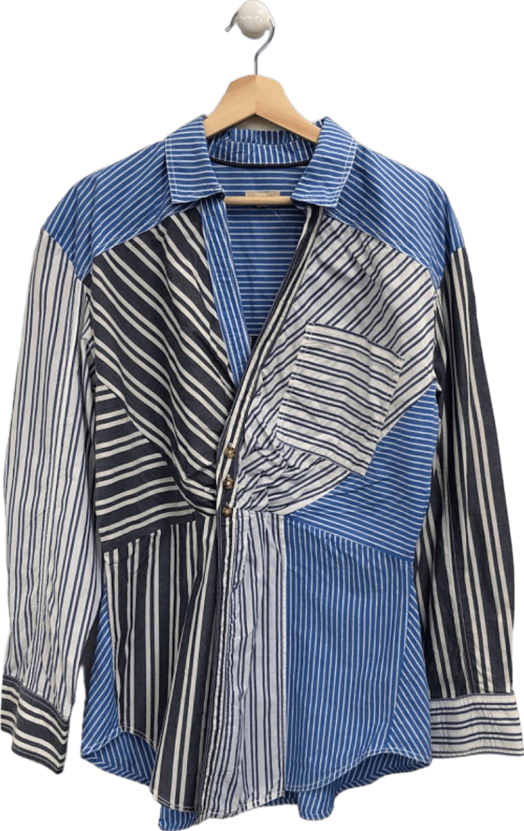ANTHROPOLOGIE Pilcro Blue Stripe Patchwork Shirt UK L - Reliked