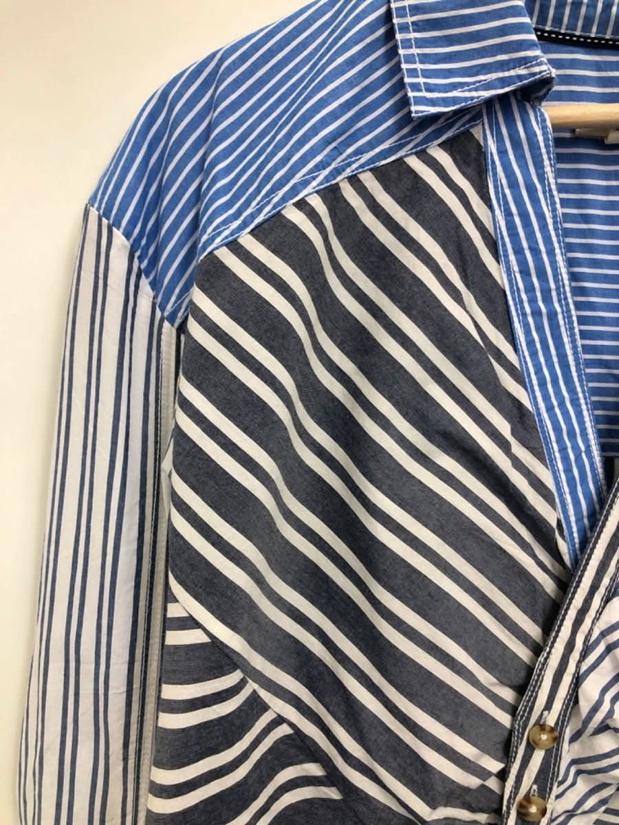 ANTHROPOLOGIE Pilcro Blue Stripe Patchwork Shirt UK L - Reliked