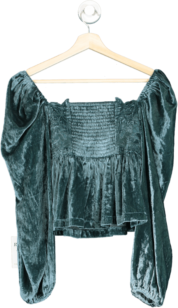 Anthropologie Teal Velvet Square Neck Blouse S - Reliked