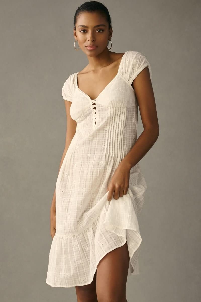 Anthropologie White Cap Sleeve Smocked Dress S - Reliked