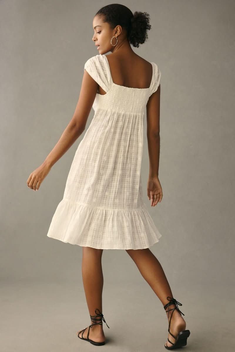 Anthropologie White Cap Sleeve Smocked Dress S - Reliked