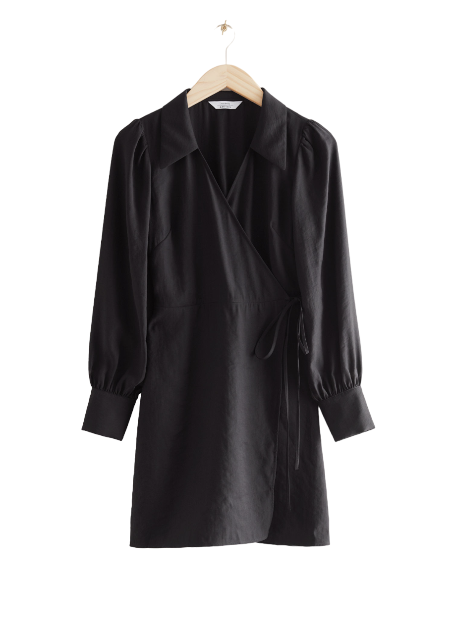 & Other Stories Black Tencel Modal Collared Wrap Mini Dress BNWT UK 14