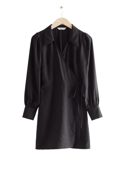 & Other Stories Black Tencel Modal Collared Wrap Mini Dress BNWT UK 14