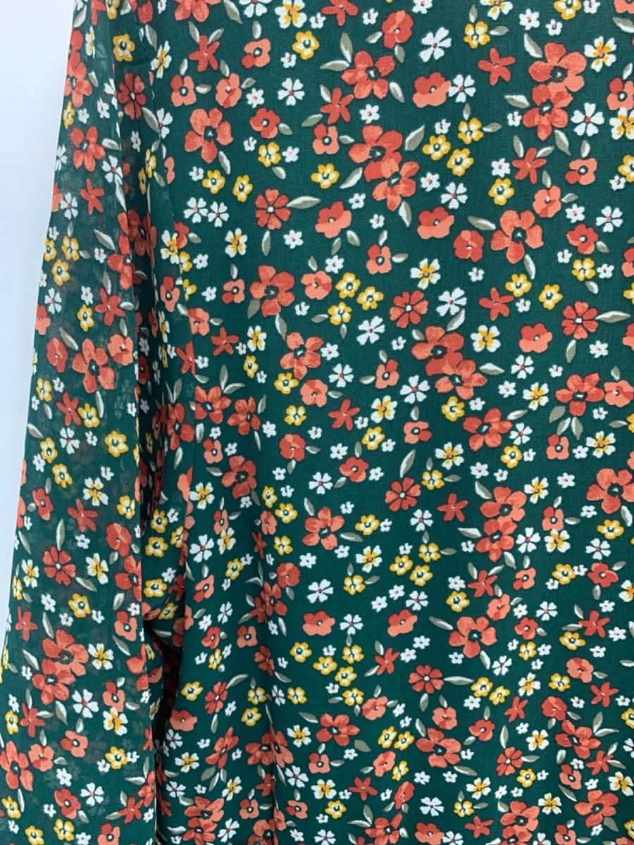 Apricot Green Ditsy Ruched V Neck Dress UK 14 - Reliked