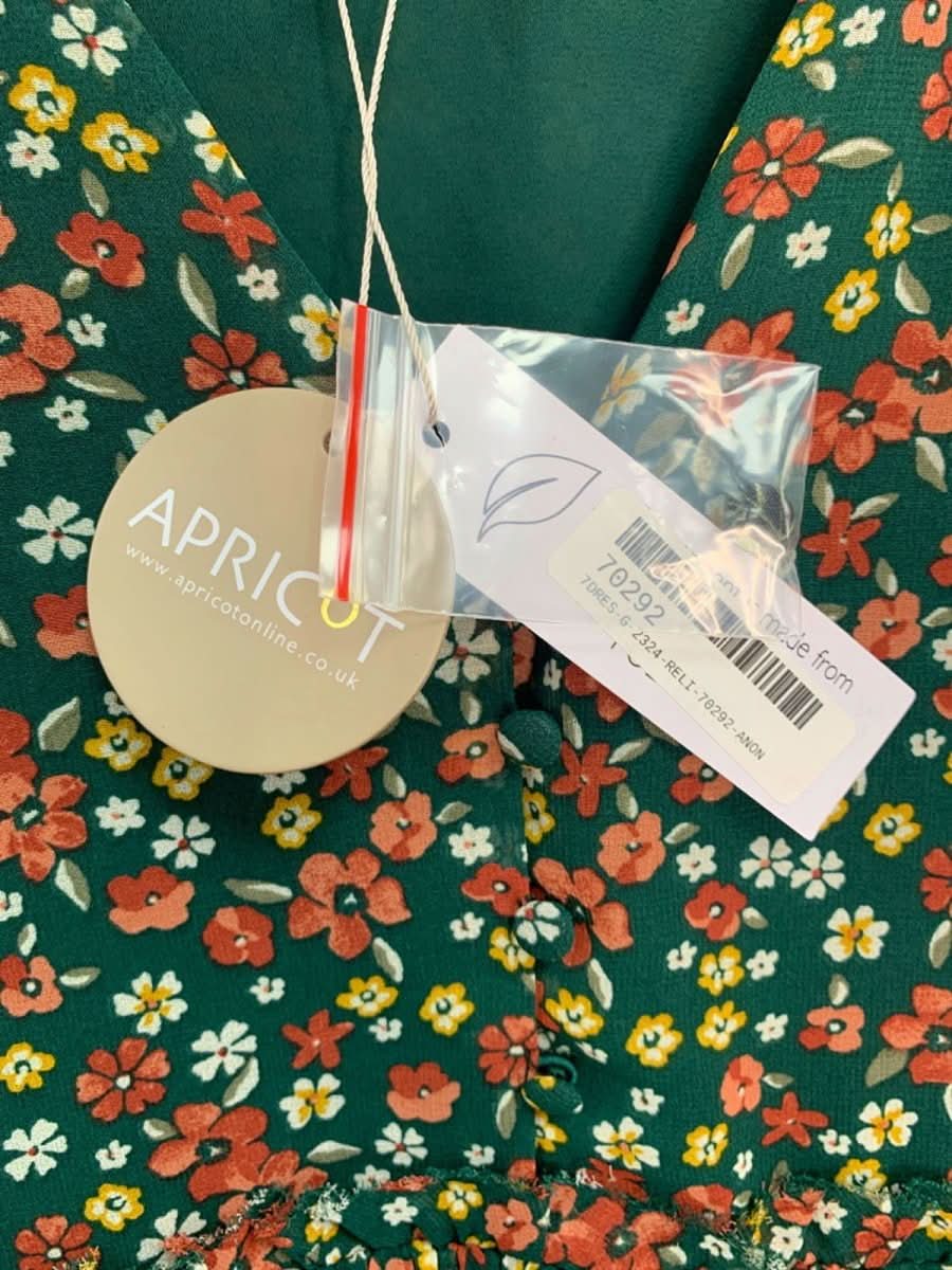 Apricot Green Ditsy Ruched V Neck Dress UK 14 - Reliked