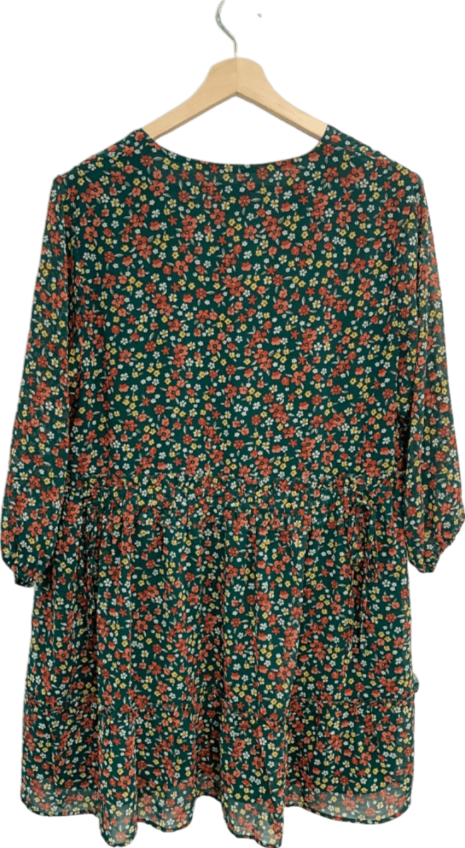 Apricot Green Ditsy Ruched V Neck Dress UK 14 - Reliked