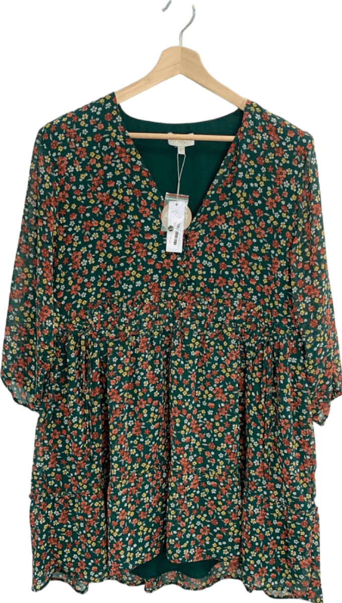 Apricot Green Ditsy Ruched V Neck Dress UK 14 - Reliked