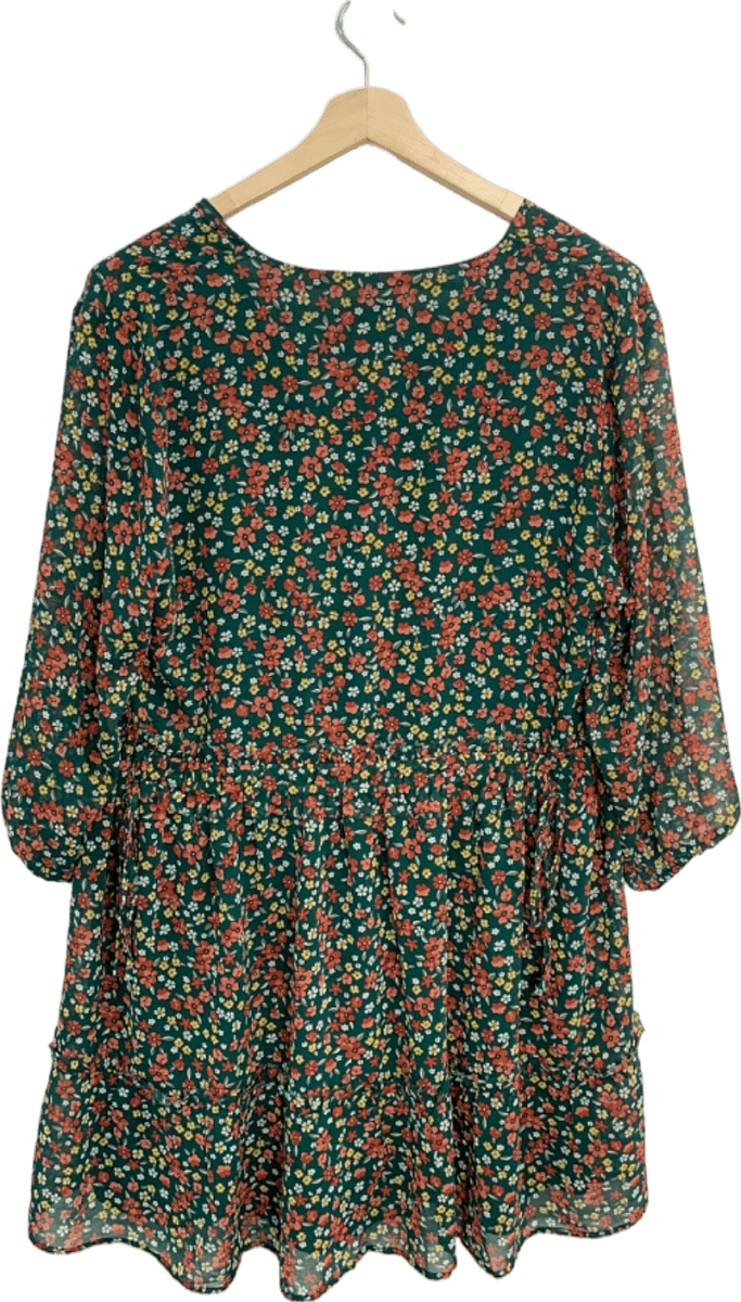 Apricot Green Floral Ruched Neck Dress UK 14 - Reliked