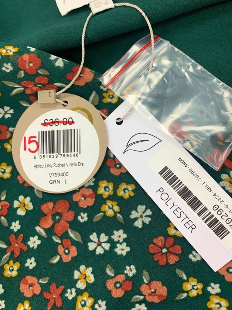 Apricot Green Floral Ruched Neck Dress UK 14 - Reliked