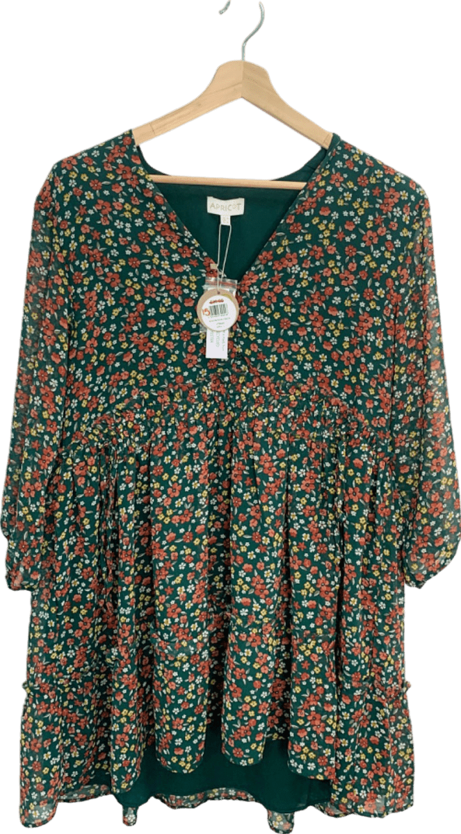 Apricot Green Floral Ruched Neck Dress UK 14 - Reliked